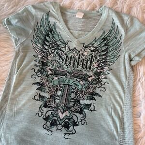 Sinful By Affliction Shirt Wild & Free Women's S Rhinestone Mesh Cross Wings Y2K